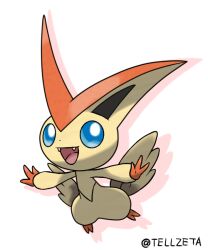  :d blue_eyes commentary_request drop_shadow fangs full_body happy no_humans open_mouth pokemon pokemon_(creature) pokemon_focus smile solo tellzeta twitter_username victini white_background 