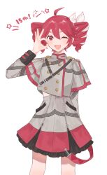  1girl ahoge arm_behind_back belt black_skirt blush capelet colored_eyebrows cowboy_shot dress drill_hair hair_ribbon hand_up highres kasane_teto kasane_teto_(sv) layered_skirt long_sleeves midriff_peek ok_sign one_eye_closed open_mouth red_eyes red_hair ribbon shi_rushi shoulder_belt skirt skirt_pocket solo star_(symbol) striped_clothes twin_drills two-tone_dress two-tone_shirt utau vertical-striped_clothes white_background 