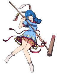  1girl ambiguous_red_liquid animal_ears blue_dress blue_hair breasts crescent_print dress earclip full_body grin highres kine long_hair looking_at_viewer mallet medium_breasts puffy_short_sleeves puffy_sleeves rabbit_ears rabbit_girl red_eyes seiran_(touhou) shishi_osamu short_sleeves simple_background smile socks solo star_(symbol) star_print touhou white_background white_socks 