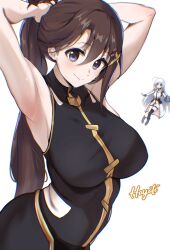 2girls absurdres ahoge armpit_crease armpits blue_eyes breasts character_name closed_mouth clothing_cutout commentary double-parted_bangs floating_hair full_body gloves hair_between_eyes half_updo heiyan_heiyan highres large_breasts long_hair looking_at_viewer lyrical_nanoha mahou_shoujo_lyrical_nanoha_strikers mini_person multiple_girls ponytail reinforce_zwei side_cutout simple_background sleeveless smile thigh-highs tsab_ground_military_uniform tying_hair untranslatable_commentary upper_body white_background white_hair yagami_hayate 