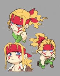  1boy aged_down alex_(street_fighter) bandana bare_shoulders blonde_hair blood blood_on_clothes blood_on_face blue_eyes bodypaint bodysuit brown_jacket chibi closed_mouth commentary english_commentary facial_mark facial_tattoo fingerless_gloves from_above gloves green_gloves grey_background headband highres jacket long_hair looking_at_viewer male_focus multiple_views muscular muscular_male on_one_knee pants pectorals ponytail red_headband scene_reference simple_background smile street_fighter street_fighter_iii_(series) tattoo topless_male trecomics 