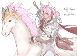  1girl alternate_costume alternate_species aqua_eyes armor cape closed_mouth drill_hair fingerless_gloves gloves hair_between_eyes hair_intakes highres honkai:_star_rail honkai_(series) horse hyacine_(honkai:_star_rail) long_hair pikminpurplest pink_hair pink_skirt profanity red_cape sidelocks skirt solo sword twin_drills weapon white_background white_horse yellow_pupils 