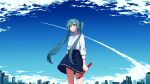  1girl absurdres blue_eyes blue_hair blue_skirt blue_sky clouds collared_shirt commentary contrail cowboy_shot eyebrows_visible_through_hair hatsune_miku highres holding long_hair long_sleeves odd_(miyoru) parted_lips pleated_skirt school_uniform shirt shirt_tucked_in skirt sky skyline solo tube twintails vocaloid white_shirt 