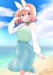  1girl :d bangs beach blue_eyes blue_skirt blue_sky blurry blurry_background blush bow braid breasts camisole clouds commentary_request day depth_of_field eyebrows_behind_hair go-toubun_no_hanayome green_bow green_camisole hair_between_eyes hair_bow hair_ribbon highres horizon kujou_karasuma long_sleeves looking_at_viewer medium_breasts nakano_yotsuba ocean orange_hair outdoors plaid plaid_bow puffy_long_sleeves puffy_sleeves ribbon sand see-through shirt signature single_braid skirt sky smile solo teeth upper_teeth water white_ribbon white_shirt 