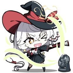  1girl black_hat black_skirt blue_archive blush bow bowtie braid breasts chibi commentary_request diagonal-striped_bow diagonal-striped_bowtie diagonal-striped_clothes eri_(blue_archive) hair_between_eyes halo harrybyharry hat heart highres jacket large_breasts long_hair long_sleeves one_eye_closed open_mouth red_bow shirt side_halo simple_background skirt solo striped_bow striped_bowtie striped_clothes tilted_halo unbuttoned_jacket white_background white_hair white_shirt witch_hat yellow_halo 