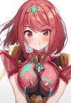  1girl bangs breasts chest_jewel earrings headpiece highres jewelry large_breasts pyra_(xenoblade) red_eyes redhead short_hair simple_background solo suicabar72 swept_bangs tiara white_background xenoblade_chronicles_(series) xenoblade_chronicles_2 