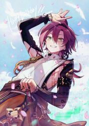  1boy aiguillette arm_up armor artist_name black_choker black_hair blue_sky blush bracelet brown_shorts choker clothes_around_waist clothing_cutout clouds commentary_request day falling_feathers falling_petals feathers genshin_impact green_eyes grin hair_between_eyes happy_birthday highres japanese_armor jewelry jitte kote kurokote light_particles long_hair looking_at_viewer male_focus mole mole_under_each_eye mole_under_eye multicolored_hair multiple_moles outdoors parted_bangs petals red_hair sheath sheathed shikanoin_heizou shirt shorts side_cutout sideless_outfit sky sleeveless sleeveless_shirt smile solo standing teeth twitter_username weapon white_shirt y0moru 