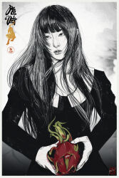  1girl absurdres blunt_bangs closed_mouth dress greyscale highres holding k-pop long_hair long_sleeves looking_to_the_side monochrome quintortion real_life red_velvet_(group) seulgi_(red_velvet) solo spot_color upper_body 