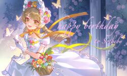  1girl :d alternate_costume basket blue_flower bonnet bow bug butterfly butterfly_on_hand character_name chinese_commentary chinstrap commentary_request dress drill_hair english_text flower flower_basket full_body gloves green_eyes hair_flower hair_ornament happy_birthday highres holding holding_basket holding_own_dress long_dress long_hair low_twintails open_mouth orange_bow pillar pink_flower puffy_short_sleeves puffy_sleeves purple_background purple_flower reverse:1999 short_sleeves smile solo sotheby twin_drills twintails white_bonnet white_dress white_gloves yellow_butterfly yellow_flower yuguang 