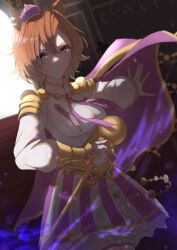  1girl absurdres animal_ears armor breasts cape crown fingerless_gloves gloves gold_corset hair_between_eyes highres holding holding_scepter horse_ears horse_girl long_sleeves looking_at_viewer marishiten_(mar1sh110) medium_breasts mini_crown orange_hair parted_lips pink_cape pink_crown scepter shirt short_hair shoulder_armor single_fingerless_glove skirt smile solo t.m._opera_o_(o_sole_suo!)_(umamusume) t.m._opera_o_(umamusume) two-tone_skirt umamusume violet_eyes white_shirt 