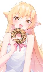  1girl :3 :d blonde_hair blush commentary_request doughnut dress fangs food hair_flaps highres holding holding_donut holding_food long_hair looking_at_viewer mani_(manidrawings) monogatari_(series) oshino_shinobu sidelocks simple_background sleeveless sleeveless_dress smile solo twitter_username upper_body very_long_hair white_background white_dress yellow_eyes 