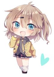  1girl :d antenna_hair blue_eyes blush brown_hair brown_shoes chibi collared_shirt commentary_request double-parted_bangs fang full_body grey_shirt hair_between_eyes heart jacket kasukabe_tsumugi long_hair long_sleeves looking_at_viewer loose_necktie loose_socks mani_(manidrawings) mole mole_under_eye necktie one_side_up open_clothes open_jacket plaid_clothes plaid_skirt red_skirt shirt shoes sidelocks simple_background single_off_shoulder skin_fang skirt smile socks solo standing voicevox waving white_background white_socks yellow_jacket yellow_necktie 