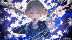  1girl absurdres ahoge angry backlighting beamed_eighth_notes black_dress blonde_hair blue_jacket bow commentary_request copyright_name copyright_notice denim denim_jacket dot_nose dress eighth_note glowing glowing_eyes gradient_hair hair_intakes hair_ornament hairclip highres holding holding_microphone hololive hololive_dev_is jacket jewelry jigsaw_puzzle lace_trim long_hair looking_at_viewer microphone microphone_stand mosaic_background multicolored_hair music musical_note musical_note_hair_ornament necklace nun_nu official_alternate_costume official_alternate_hairstyle official_art open_mouth orange_hair otonose_kanade otonose_kanade_(flashpoint) outstretched_arm puzzle puzzle_piece red_bow red_eyes shirt singing solo sparkle straight-on sweat t-shirt teeth twintails two-tone_hair upper_body upper_teeth_only v-shaped_eyebrows very_long_hair virtual_youtuber white_shirt 