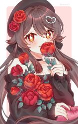  1girl absurdres beads black_nails brown_hair brown_hat brown_sweater closed_mouth commentary flower flower-shaped_pupils genshin_impact hair_flower hair_ornament hat highres hu_tao_(genshin_impact) long_hair long_sleeves looking_at_viewer narurin21 red_eyes red_flower red_rose rose smelling smelling_flower smile solo sweater symbol-shaped_pupils untranslatable_commentary 