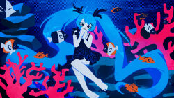  1girl 99bowl ahoge animal barefoot black_dress black_eyes blue_hair blush commentary coral dot_nose dress english_commentary fish frilled_dress frills hair_ornament hands_up hatsune_miku highres in_water long_hair looking_at_viewer own_hands_together pale_skin polka_dot polka_dot_background rock single_sleeve sitting smile solo tropical_fish twintails underwater very_long_hair vocaloid 