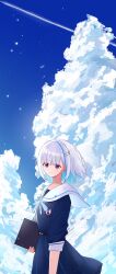  1girl absurdres arm_at_side blue_dress blue_sky closed_mouth clouds colored_inner_hair commentary_request cowboy_shot cumulonimbus_cloud dress from_side grey_hair highres holding koohii_mikan lize_helesta looking_at_viewer looking_to_the_side multicolored_hair night nijisanji outdoors ribbon sailor_collar sailor_dress school_uniform shooting_star sky smile solo standing star_(sky) streaked_hair turning_head violet_eyes virtual_youtuber white_ribbon white_sailor_collar 
