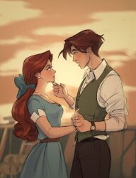  1boy 1girl anastasia_(1997) anya_(anastasia) belt blue_bow blue_dress bow brown_hair dimitri_(anastasia) dress earrings eye_contact green_vest hair_bow highres holding_hands instagram_username itslopezz jewelry looking_at_another pants pearl_earrings ponytail profile shirt short_hair spanish_commentary sunset vest watch watch white_shirt 