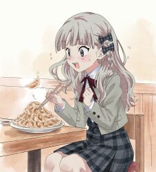  1girl 22/7 absurdres belt_buckle black_bow black_skirt bow braid buckle chair chopsticks clenched_hand commentary_request dumpling feet_out_of_frame food grey_eyes grey_hair grey_jacket hair_bow highres holding holding_chopsticks indoors jacket jiaozi long_hair long_sleeves looking_at_food motion_lines nagamine_kaede neck_ribbon on_chair open_mouth plaid_bow plaid_clothes plaid_skirt plate pleated_skirt red_ribbon ribbon school_uniform shirt side_braid single_braid sitting skirt solo sweatdrop table teeth upper_teeth_only uwuvppeofftjdpl wavy_hair white_shirt wooden_table 