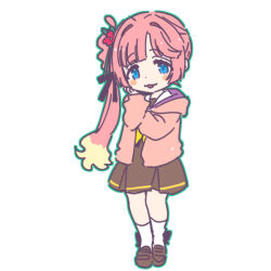  1girl :3 anyoji_hime black_bow black_ribbon blonde_hair blush_stickers borrowed_hairstyle bow bow_legwear brown_dress brown_shoes colored_tips commentary_request deformed dress flower full_body green_outline hair_bun hair_flower hair_intakes hair_ornament hair_ribbon hand_on_own_cheek hand_on_own_face hasu_no_sora_school_uniform hood hooded_jacket jacket link!_like!_love_live! loafers long_hair long_sleeves looking_at_viewer love_live! medium_dress multi-tied_hair multicolored_hair neckerchief open_clothes open_jacket open_mouth otomune_kozue outline pink_hair pink_jacket pleated_dress red_flower ribbon sailor_collar sailor_dress school_uniform shinanoya_(satanicad) shoes side_ponytail sidelocks simple_background single_side_bun sleeves_past_wrists socks solo standing tassel tassel_hair_ornament textless_version very_long_hair virtual_youtuber white_background white_sailor_collar white_socks winter_uniform yellow_neckerchief 