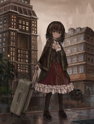  1girl absurdres after_rain black_shoes brown_capelet brown_eyes brown_hair building capelet car city frilled_skirt frills full_body highres katamimi123 long_sleeves looking_at_viewer medium_hair mirrored_text motor_vehicle original outdoors pantyhose rolling_suitcase scenery shoes skirt solo standing suitcase wet_ground 