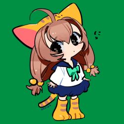  1girl ahoge animal_hat bell black_eyes blue_ribbon blue_sailor_collar blue_shorts brown_hair cat_girl child closed_mouth dated di_gi_charat dot_mouth full_body green_background hair_bell hair_ornament hat kinako_(marubotan) long_sleeves looking_at_viewer parted_bangs paw_shoes puchiko puffy_shorts ribbon sailor_collar shirt shoes shorts standing striped_hat tail twintails white_shirt 