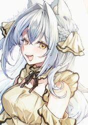  1girl artist_name braid breasts commentary dress frilled_dress frills from_side hair_ornament highres long_hair looking_at_viewer looking_to_the_side medium_breasts open_mouth sharp_teeth simple_background solo teeth teltelhousi white_background white_hair yellow_dress yellow_eyes 