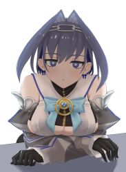  1girl absurdres arms_under_breasts baitoubaozou black_gloves blue_eyes blue_hair bow breasts chain chain_headband clothing_cutout crop_top detached_sleeves gloves hair_intakes highres hololive hololive_english jewelry large_breasts looking_at_viewer original ouro_kronii ouro_kronii_(1st_costume) pinstripe_pattern pinstripe_shirt ribbon_earrings shirt short_hair solo under_boob underboob_cutout virtual_youtuber zipper 