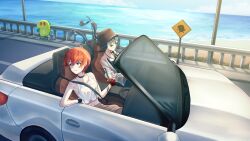  2girls absurdres beach black_choker black_hair blue_eyes breasts brown_hat car choker chupacabra_(idolmaster) commentary_request convertible cup day disposable_cup drink drinking_straw driving floating_hair from_side green-framed_eyewear green-tinted_eyewear hat highres holding holding_drink idolmaster idolmaster_million_live! idolmaster_million_live!_theater_days jonero99 julia_(idolmaster) kitakami_reika long_hair looking_back motor_vehicle multiple_girls outdoors red_hair road road_sign short_hair sign sitting star-shaped_eyewear star_(symbol) sunglasses tank_top tinted_eyewear water white_car white_tank_top 