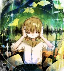  1boy abstract blonde_hair buttons collared_shirt dot_nose green_background hands_on_own_head highres male_focus muishizen no_mouth original red_eyes shirt solo sparkle standing white_shirt 