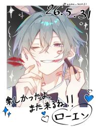  1boy ;) animal_ears black_bow black_bowtie blue_hair bow bowtie collar commentary genshin_impact grin hand_grab highres lipstick lohen_(genshin_impact) makeup mole mole_under_eye multicolored_eyes one_eye_closed rabbit_ears smeared_lipstick smile untranslatable_commentary upper_body yasu_san21 