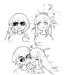  2girls :t absurdres adjusting_eyewear ahoge anger_vein bikini bracelet cho_kaguya-hime! closed_eyes collarbone commentary_request cropped_shoulders ezbottt facing_another fang greyscale grin highres jewelry kaguya_(cho_kaguya-hime!) long_hair looking_at_another medium_hair monochrome multiple_girls open_mouth pout sakayori_iroha side-tie_bikini_bottom smile swimsuit thumbs_up white_background yuri 