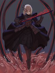  1girl absurdres artoria_pendragon_(fate) bangs black_dress black_ribbon blonde_hair braid closed_mouth commentary_request dark_excalibur dress excalibur_morgan_(fate) fate/grand_order fate/stay_night fate_(series) french_braid from_below gothic_lolita hair_bun highres holding holding_sword holding_weapon juliet_sleeves lolita_fashion long_sleeves looking_at_viewer puffy_sleeves ribbon saber_alter sidelocks sword tesin_(xogus1042) weapon yellow_eyes 