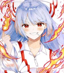  1girl blush bow cigarette collared_shirt commentary_request fire fujiwara_no_mokou grey_hair hair_bow highres long_hair looking_at_viewer pyrokinesis red_eyes ringo33757 shirt smile smoking solo suspenders touhou white_bow white_shirt 