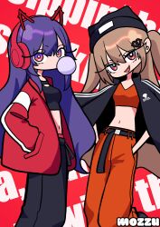  1girl absurdres akuma_nihmune beanie black_jacket black_pants black_shirt breasts brown_hair chewing_gum commentary demon_horns english_commentary evil_neuro-sama fang hands_in_pockets hat headphones highres horns indie_virtual_youtuber jacket long_hair looking_at_viewer midriff mozzu123 orange_pants orange_shirt pants purple_hair red_background red_jacket shirt twintails violet_eyes virtual_youtuber 