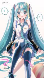 1girl :d ? absurdres aqua_hair aqua_nails aqua_necktie arm_tattoo birthday black_boots black_skirt blue_eyes blush boots collarbone collared_shirt commentary_request confetti confused dated detached_sleeves double-parted_bangs foot_out_of_frame frilled_shirt_collar frills hair_between_eyes hatsune_miku headset highres long_hair looking_at_viewer loose_necktie mani_(manidrawings) miniskirt nail_polish necktie number_tattoo open_mouth pleated_skirt shadow shirt sidelocks simple_background sitting skirt sleeveless sleeveless_shirt smile solo speech_bubble spoken_question_mark tattoo thigh_boots twintails very_long_hair vocaloid white_background white_shirt
