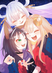  3girls animal_ears asyuraillust black_choker black_hair blonde_hair blue_nails blush cho_kaguya-hime! choker colored_inner_hair commentary crescent crescent_hair_ornament forehead_jewel fox_ears fox_girl green_eyes hair_ornament hair_rings hair_stick highres kaguya_(cho_kaguya-hime!) long_hair medium_hair multicolored_hair multiple_girls nail_polish one_eye_closed open_mouth pink_hair rabbit_ears rabbit_girl runami_yachiyo sakayori_iroha smile white_hair 