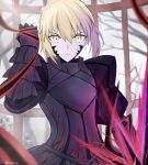  1girl absurdres artoria_pendragon_(fate) bangs black_dress black_ribbon blonde_hair braid closed_mouth commentary_request dark_excalibur dress excalibur_morgan_(fate) fate/grand_order fate/stay_night fate_(series) french_braid from_below gothic_lolita hair_bun highres holding holding_sword holding_weapon juliet_sleeves lendivere lolita_fashion long_sleeves looking_at_viewer puffy_sleeves ribbon saber_alter sidelocks sword weapon yellow_eyes 