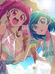  2girls :d :o ahoge antennae aqua_eyes aqua_hair bangs bare_arms bare_shoulders blouse blue_sky blunt_bangs character_doll close-up clouds cloudy_sky collarbone commentary day eyebrows_visible_through_hair food foreshortening from_below fuwa_(precure) hagoromo_lala hair_between_eyes hair_bobbles hair_ornament happy highres hoshina_hikaru ice_cream ice_cream_cone lens_flare long_hair looking_at_viewer medium_hair midriff_peek multicolored_hair multiple_girls open_mouth outdoors outstretched_arm parasol pink_eyes pink_hair pointy_ears precure prunce_(precure) reaching_out selfie shirt sky sleeveless sleeveless_shirt smile star-shaped_pupils star_(symbol) star_in_eye star_twinkle_precure streaked_hair striped striped_blouse summer sun sunlight symbol-shaped_pupils symbol_in_eye twintails umbrella wanoji 