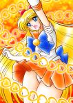  1girl ;d aino_minako arm_behind_head arms_up bare_legs bishoujo_senshi_sailor_moon blonde_hair blue_bow blue_eyes bow breasts collarbone commentary cowboy_shot earrings elbow_gloves eyelashes frilled_skirt frills gloves hair_bow hair_ornament hair_ribbon highleg highleg_leotard highres jewelry knee_up leotard long_hair looking_at_viewer magical_girl medium_breasts nagaigoz open_mouth orange_skirt parody red_bow ribbon sailor_venus shiny shiny_hair short_sleeves skirt smile solo sparkle_background thighs tiara white_gloves white_leotard 