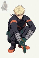  1boy abs bakugou_katsuki blonde_hair boku_no_hero_academia closed_mouth commentary_request covered_pectorals full_body gloves highres invisible_floor korean_commentary looking_at_viewer male_focus pectorals photo-referenced red_eyes reference_inset scar scar_on_face shammah_001 shoes short_hair simple_background solo spiky_hair squatting superhero_costume twitter_username white_background 