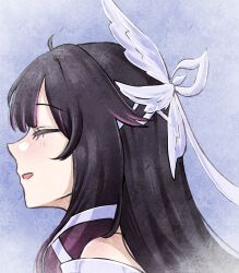  1girl bare_shoulders black_hair blush closed_eyes columbina_(genshin_impact) commentary genshin_impact hair_ornament hair_ribbon highres long_hair multicolored_hair nonoberry22 open_mouth portrait profile purple_hair ribbon smile solo streaked_hair white_ribbon wing_hair_ornament 