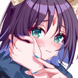  2girls animal_ears blue_hair blue_nails blush chinese_commentary cho_kaguya-hime! closed_mouth colored_inner_hair commentary_request forehead_jewel fox_ears fox_girl green_eyes hand_on_another's_cheek hand_on_another's_face multicolored_hair multiple_girls nail_polish purple_hair qing_shu_lu_man runami_yachiyo sakayori_iroha simple_background wavy_mouth white_background 