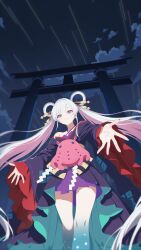  1girl absurdres blue_eyes blue_kimono canavalia_(natama01542) cho_kaguya-hime! closed_mouth colored_extremities colored_inner_hair commentary_request hair_ornament hair_rings hair_stick highres japanese_clothes kimono long_hair long_sleeves looking_at_viewer multicolored_hair night off_shoulder outdoors pink_hair pleated_skirt purple_skirt revision runami_yachiyo shide skirt solo torii twintails very_long_hair white_hair 