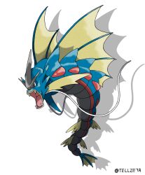  commentary_request drop_shadow fangs full_body gyarados highres mega_gyarados no_humans open_mouth pokemon pokemon_(creature) pokemon_focus red_eyes solo tellzeta tongue twitter_username white_background 