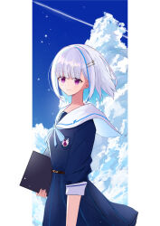  1girl absurdres arm_at_side blue_dress blue_sky breast_pocket closed_mouth clouds cloudy_sky colored_inner_hair commentary_request cowboy_shot dress emblem from_side grey_hair highres holding koohii_mikan lize_helesta looking_at_viewer looking_to_the_side multicolored_hair night nijisanji outside_border pillarboxed pocket sailor_collar sailor_dress shooting_star short_hair sky smile solo standing star_(sky) streaked_hair turning_head violet_eyes virtual_youtuber white_sailor_collar 