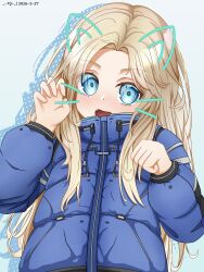  1girl absurdres artist_name blonde_hair blue_background blue_coat blue_eyes coat commentary diana_(pragmata) drop_shadow fang hands_up highres long_hair long_sleeves looking_at_viewer open_mouth padded_coat paw_pose polka_dot_shadow pragmata solo tq_2508 upper_body 