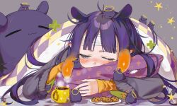  1girl :3 alternate_costume ani_019 blanket blunt_bangs blush center-flap_bangs cheek-to-cheek chocolate_chip_cookie cold_pack commentary commentary_request cookie cup english_commentary familiar fever food gradient_hair grey_background halo heads_together highres hololive hololive_english hot_chocolate hugging_object long_hair looking_at_another mole mole_under_eye mug multicolored_hair ninomae_ina'nis on_head one_eye_closed orange_hair parted_bangs partially_translated pillow pillow_hug pointy_ears purple_hair sick sidelocks signature simple_background star_(symbol) takodachi_(ninomae_ina'nis) tearing_up tentacle_hair traditional_halo translation_request under_covers untranslatable_commentary violet_eyes virtual_youtuber yellow_sleeves 