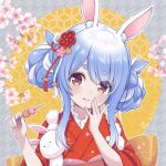  1girl :t animal_ear_fluff animal_ears blue_hair braid closed_mouth commentary_request dated double_bun eating eyebrows_visible_through_hair hands_up highres hololive japanese_clothes kimono long_sleeves mochi multicolored_hair necocafe_lili obi rabbit_ears red_eyes red_kimono sash short_eyebrows sidelocks signature solo thick_eyebrows two-tone_hair upper_body usada_pekora virtual_youtuber wavy_mouth white_hair 