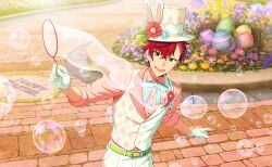  1boy animal_ears belt bow bubble earrings easter easter_egg egg flower gloves green_eyes hat helios_rising_heroes highres holding jewelry male_focus official_art open_mouth otori_akira red_hair shirt smile solo teeth upper_teeth_only vest white_gloves 