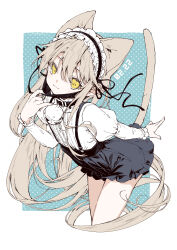  1girl animal_ears black_hairband black_skirt blue_background border brown_hair cat_ears cat_girl cat_tail closed_mouth commentary_request dated frilled_hairband frilled_skirt frills hair_between_eyes hairband hand_up highres juliet_sleeves long_hair long_sleeves looking_at_viewer mask mask_pull mouth_mask original polka_dot polka_dot_background puffy_sleeves shirt skirt smile solo suspender_skirt suspenders tail tokuno_yuika very_long_hair white_border white_shirt yellow_eyes 